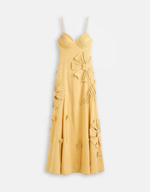 ASOS DESIGN - Robe caraco longue avec appliqué floral et plis sur le buste - Jaune, 5 de 7