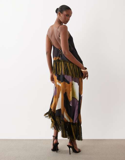  ASOS DESIGN - Robe caraco longue bicolore en satin avec double rangée de franges - Imprimé abstrait, 4 de 4