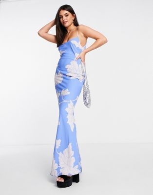 ASOS DESIGN cami bias maxi dress with large floral print in blue  - ASOS Price Checker