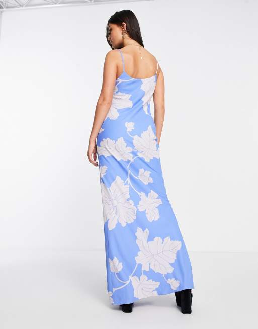 ASOS DESIGN - Robe caraco longue en biais avec grand imprimé fleurs - Bleu , 2 de 4