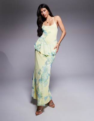 Robe caraco longue en tulle avec détail à basque - Imprimé fleurs-Multicolore S