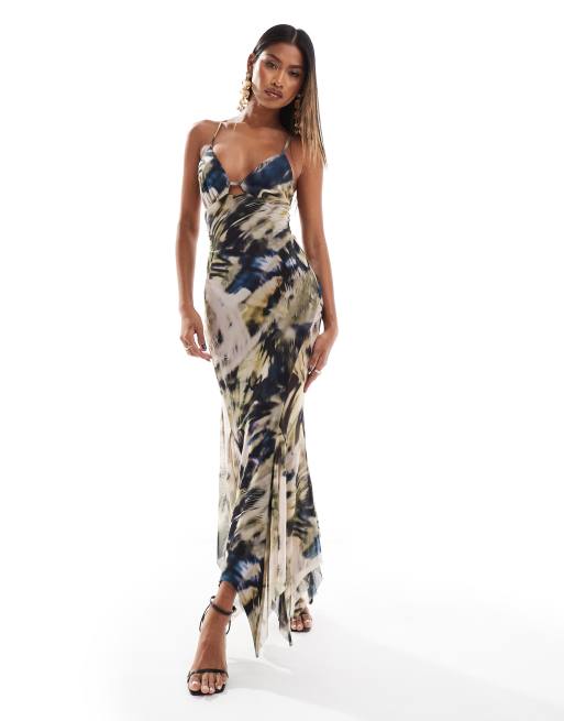 ASOS DESIGN - Robe caraco longue en tulle avec ourlet à volants - Imprimé abstrait