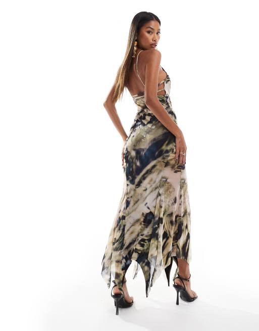 ASOS DESIGN - Robe caraco longue en tulle avec ourlet à volants - Imprimé abstrait, 2 de 4