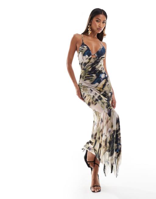 ASOS DESIGN - Robe caraco longue en tulle avec ourlet à volants - Imprimé abstrait, 3 de 4