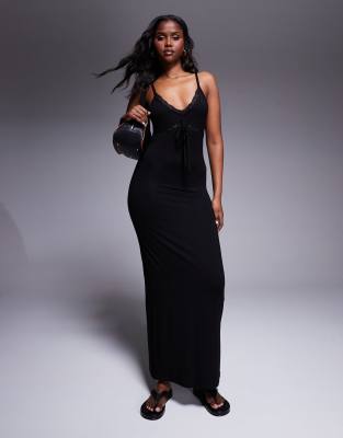 ASOS DESIGN - Robe caraco longue et côtelée avec bordure en dentelle - Noir