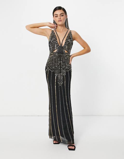 ASOS DESIGN - Robe caraco longue ornementée - Noir et doré