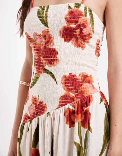 ASOS DESIGN - Robe caraco mi-longue effet froissé nouée dans le dos avec taille asymétrique - Rose fleuri, 3 de 4
