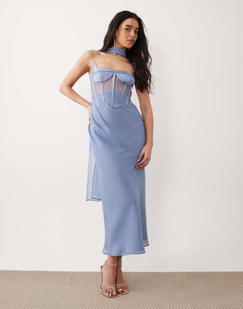 ASOS DESIGN - Robe caraco mi-longue en satin et dentelle avec détail foulard - Bleu clair - view 1