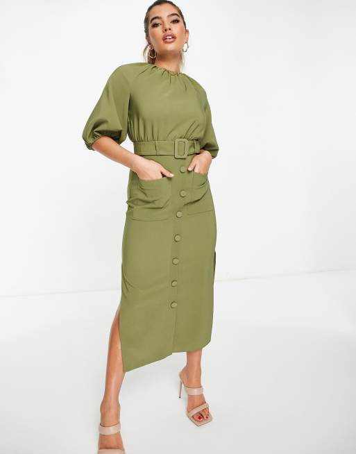 ASOS DESIGN - Robe ceinturée mi-longue à boutons et manches bouffantes - Kaki