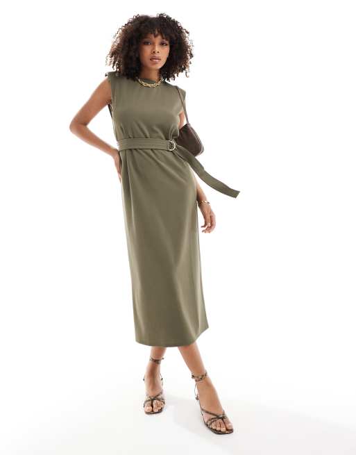 ASOS DESIGN - Robe ceinturée mi-longue sans manches à épaulettes - Kaki