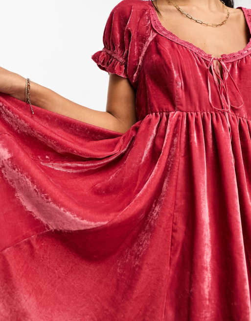 ASOS DESIGN Robe champetre courte en velours avec bordures a ruban Rose fonce