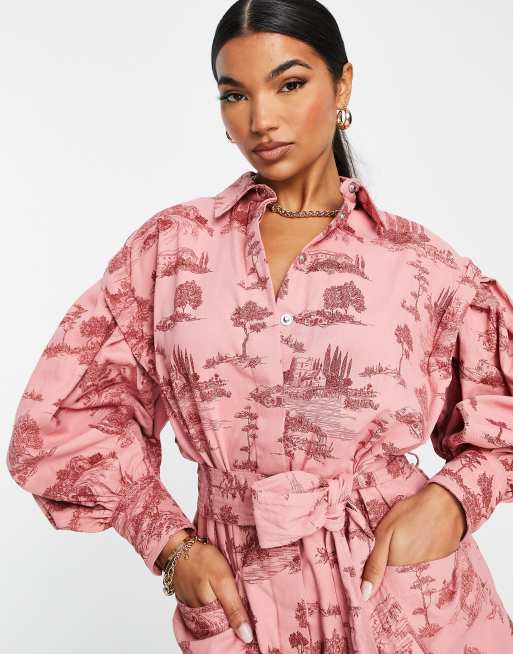 ASOS DESIGN Robe chemise ceinture manches bouffantes et imprim toile de Jouy