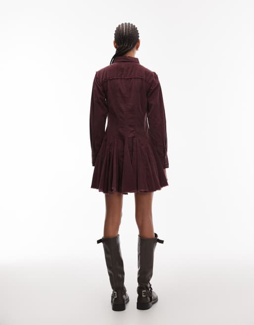 ASOS DESIGN - Robe chemise à taille cintrée et godets en velours côtelé - Bordeaux délavé, 2 de 4