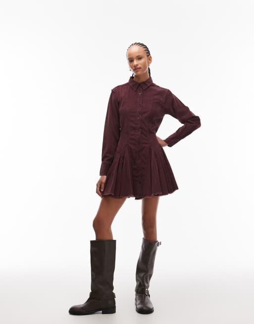 ASOS DESIGN - Robe chemise à taille cintrée et godets en velours côtelé - Bordeaux délavé, 4 de 4