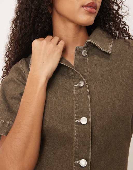 ASOS DESIGN - Robe chemise ajustée en jean - Vert olive, 3 de 4