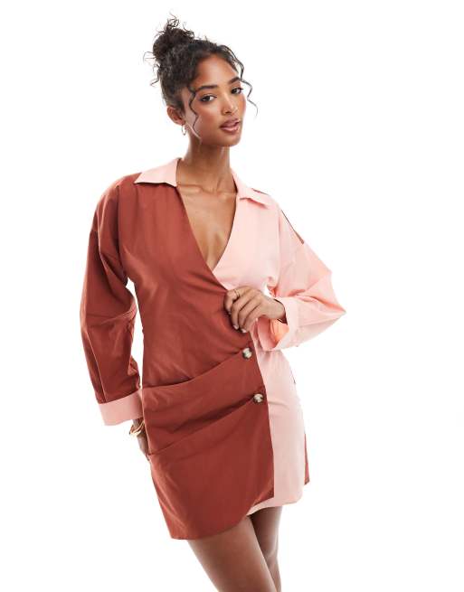 ASOS DESIGN - Robe chemise asymétrique semi cache-cœur boutonnée devant - Rose et rouille