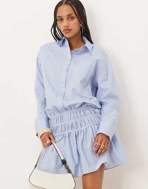 ASOS DESIGN - Robe chemise blousante courte à taille basse - Blanc et bleu rayé - view 1