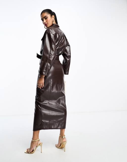 ASOS DESIGN - Robe chemise blousante mi-longue boutonnée en imitation cuir effet croco - Marron, 3 de 4