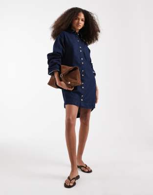 Robe chemise coupe carrée à manches longues - Brut-Bleu marine 44