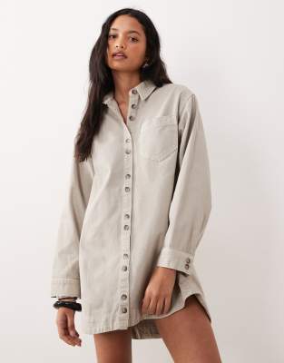 Robe chemise coupe carrée à manches longues - Neutre chiné 32