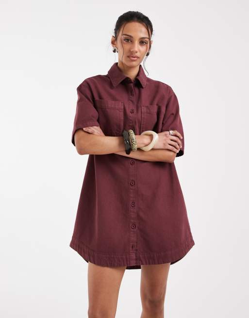 ASOS DESIGN - Robe chemise coupe carrée en denim avec poches - Bordeaux clair, 2 de 4