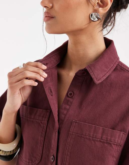 ASOS DESIGN - Robe chemise coupe carrée en denim avec poches - Bordeaux clair, 4 de 4