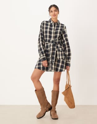 Robe chemise courte à carreaux avec ceinture - Noir et fauve-Multicolore 40