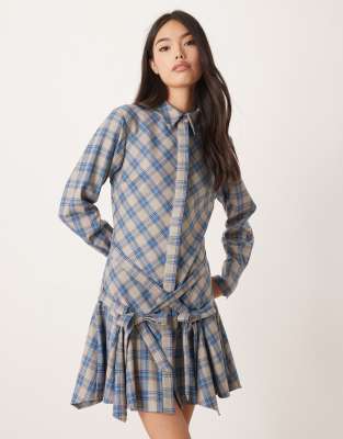 Robe chemise courte à carreaux avec détail noué à la taille et jupe à godets - Bleu/gris 34