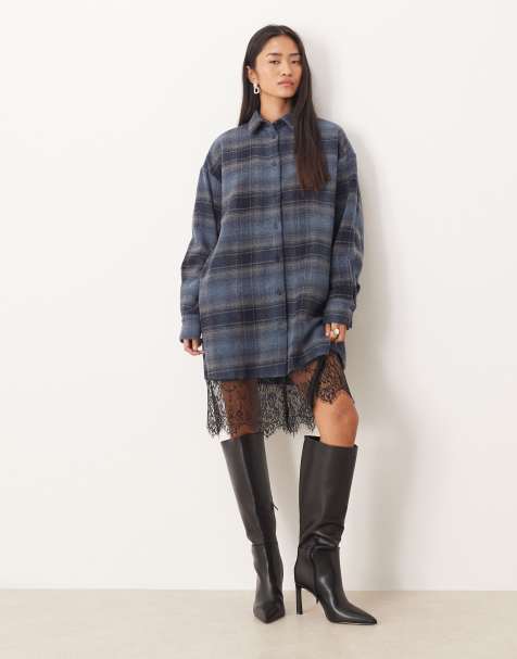 ASOS DESIGN - Robe chemise courte à carreaux avec ourlet asymétrique arrondi - Gris/fauve - view 1
