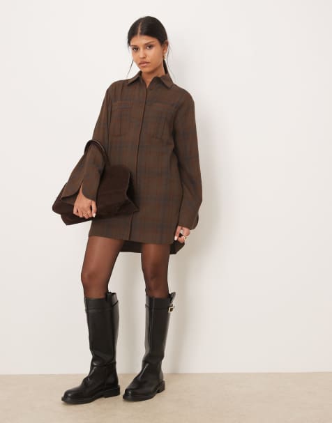 ASOS DESIGN - Robe chemise courte à carreaux avec poignets larges et poches oversize - Marron - view 1