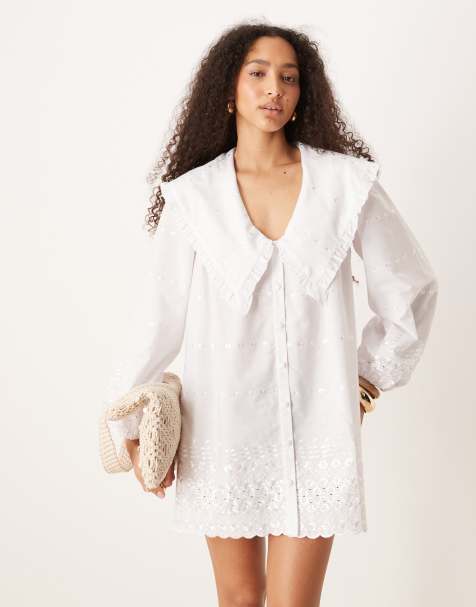ASOS DESIGN - Robe chemise courte à col oversize et manches longues - Blanc - view 1