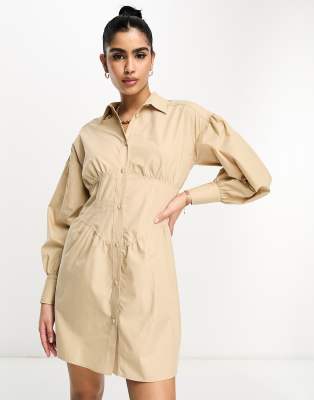 ASOS DESIGN - Robe chemise courte à détails corset avec manches bouffantes  - Camel | ASOS