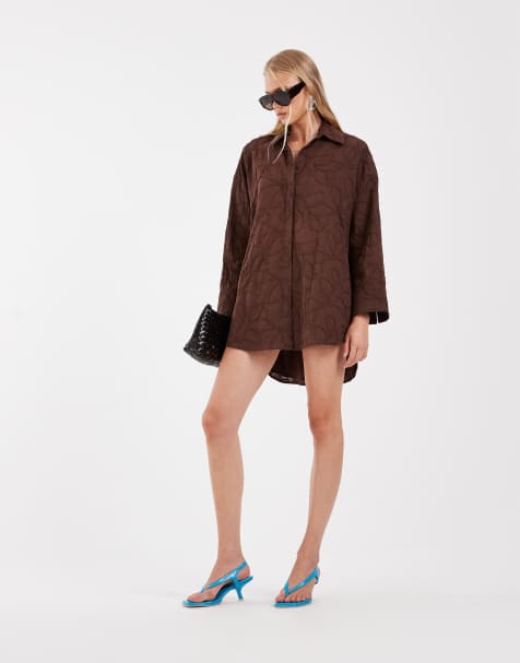 ASOS DESIGN - Robe chemise courte à fleurs cornelli - Chocolat - view 1