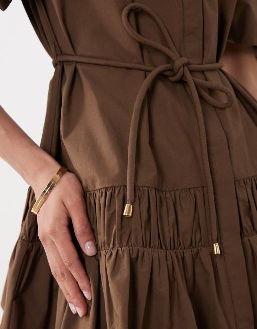 ASOS DESIGN - Robe chemise courte à manches bouffantes et détail noué - Chocolat, 3 de 4