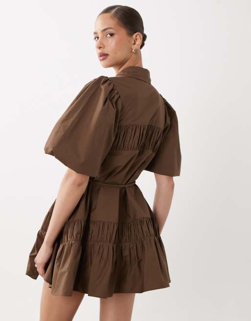 ASOS DESIGN - Robe chemise courte à manches bouffantes et détail noué - Chocolat, 4 de 4
