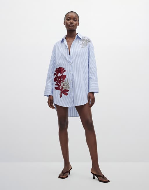 ASOS DESIGN - Robe chemise courte à rayures et broderies fleuries - Bleu, 8 de 11