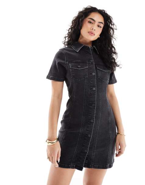 ASOS DESIGN - Robe chemise courte ajustée en jean - Noir délavé - view 1
