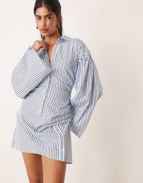 ASOS DESIGN - Robe chemise courte avec taille cintrée et manches évasées - Rayures bleues - view 1