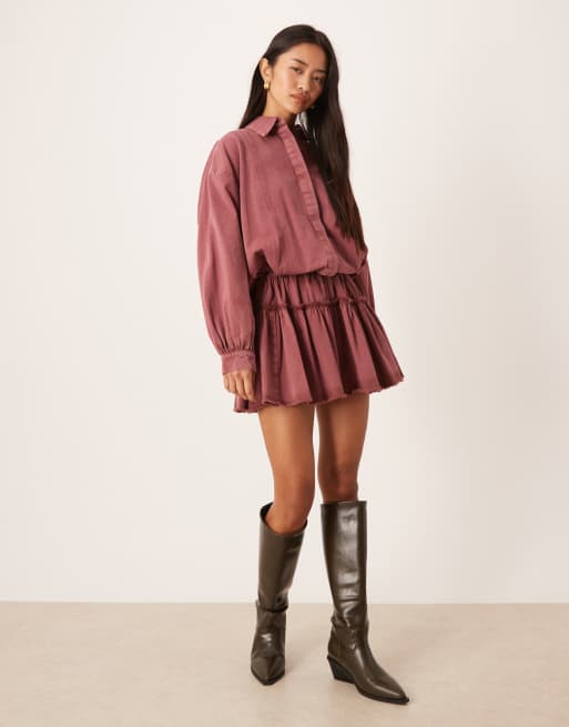 ASOS DESIGN - Robe chemise courte blousante nouée à la taille avec manches longues - Bordeaux, 2 de 4