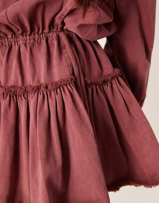 ASOS DESIGN - Robe chemise courte blousante nouée à la taille avec manches longues - Bordeaux, 3 de 4