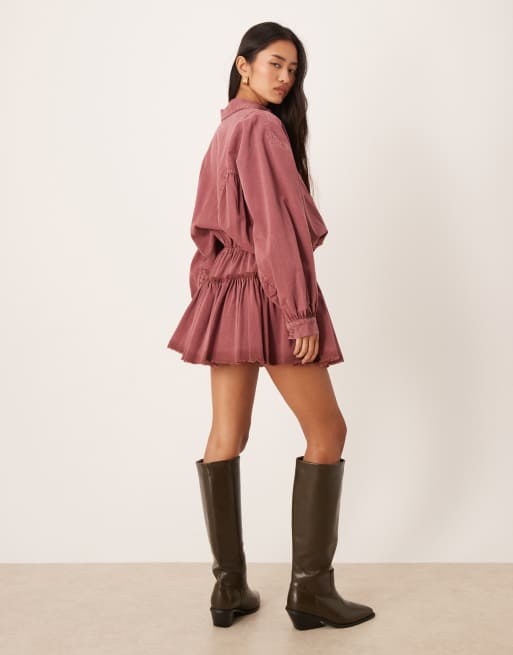 ASOS DESIGN - Robe chemise courte blousante nouée à la taille avec manches longues - Bordeaux, 4 de 4