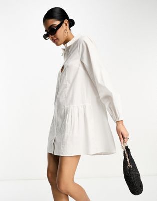ASOS DESIGN smock button through gathered detail mini shirt dress in white - ASOS Price Checker