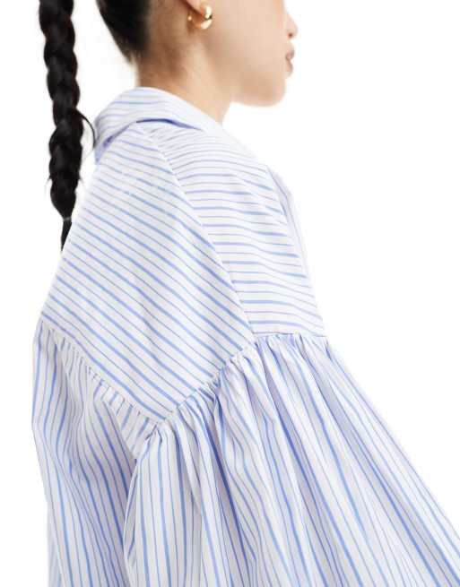 ASOS DESIGN - Robe chemise courte coupe boyfriend à rayures et manches ballon - Bleu, 3 de 4