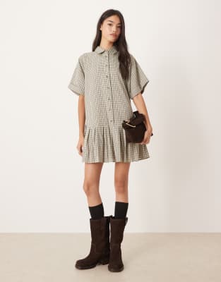 Robe chemise courte coupe carrée à carreaux et taille basse - Noir et blanc-Multicolore 40