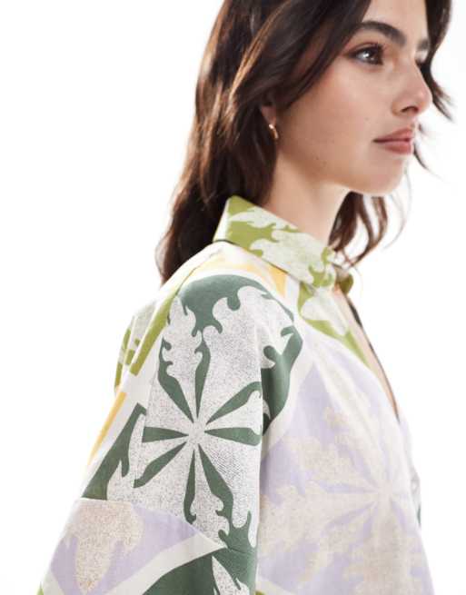 ASOS DESIGN - Robe chemise courte coupe carrée en lin imprimé mosaïque avec manches courtes, 3 de 4