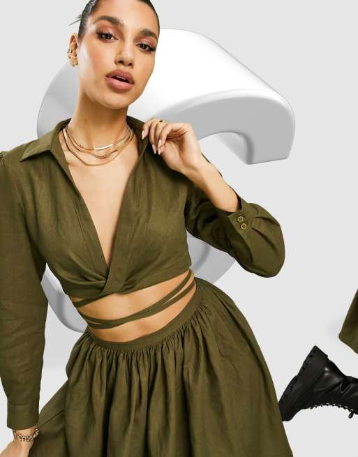 ASOS DESIGN - Robe chemise courte coupe patineuse découpée et nouée à la taille en lin - Kaki, 4 de 4