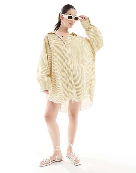 ASOS DESIGN - Robe chemise courte décontractée à rayures effet rapiécé - Citron vert délavé - view 1