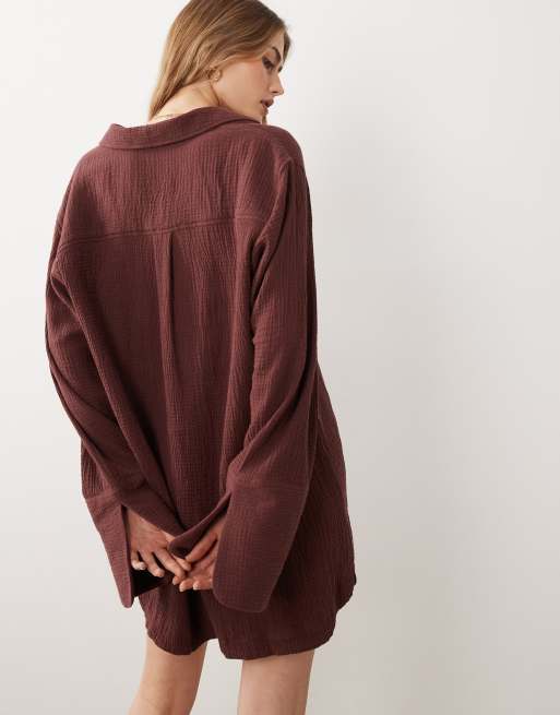 ASOS DESIGN - Robe chemise courte double épaisseur à poignets larges et poches oversize - Chocolat chaud, 4 de 4