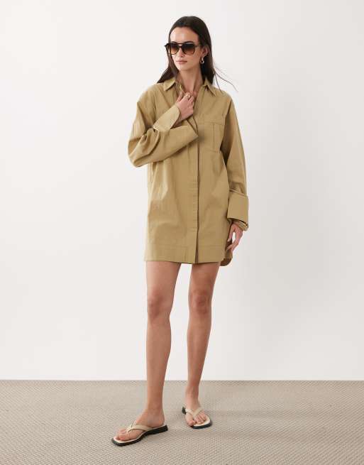 ASOS DESIGN - Robe chemise courte en coton et lin rayé à revers larges et poches oversize - Taupe, 2 de 4