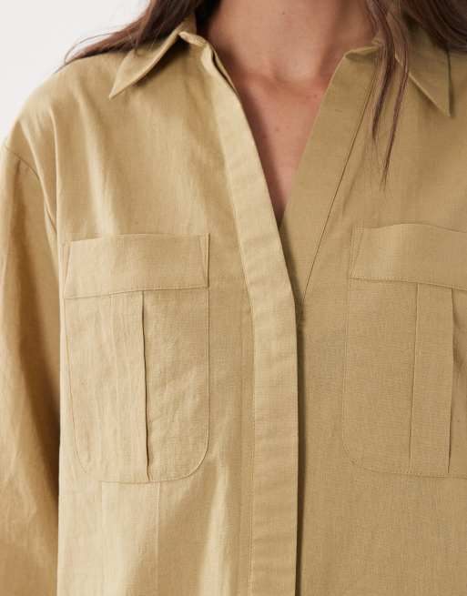 ASOS DESIGN - Robe chemise courte en coton et lin rayé à revers larges et poches oversize - Taupe, 3 de 4